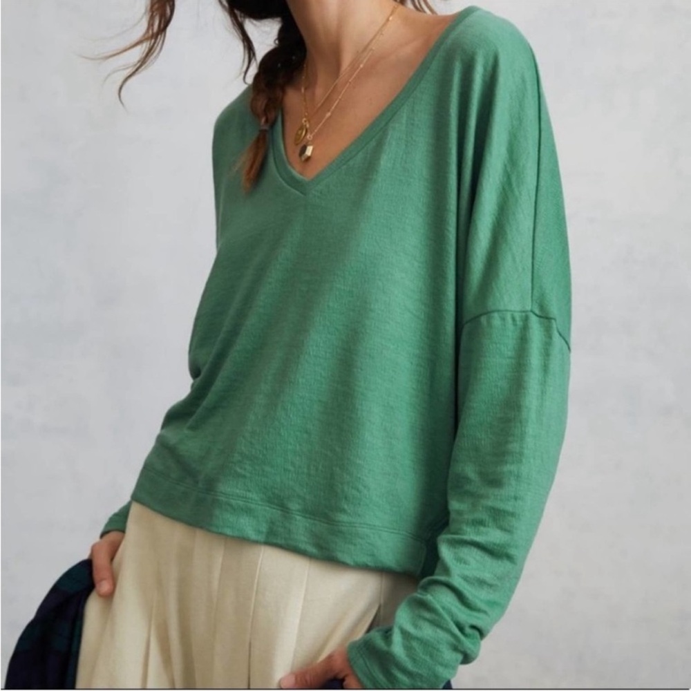 Anthropologie Dina V Neck Oversized Textured Top Green Moss Size Medium